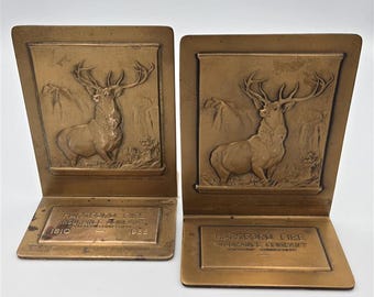 Vintage Hartford Fire Insurance Brass Elk Bookends | 125th Anniversary Commemorative Decor