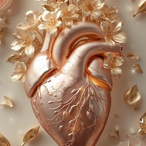 Può includere: Una scultura di cuore anatomico in oro rosa metallizzato decorata con fiori e foglie in fiore con una finitura metallica abbinata. Il cuore presenta dettagli intricati simili a vene sulla superficie, circondato da petali e fiori dorati sparsi.