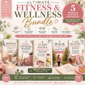 Può includere: Un pacchetto digitale di cinque quaderni di lavoro stampabili intitolato Ultimate Fitness & Wellness Bundle. Il set include pianificatori e tracker per routine mattutine, fitness quotidiano, idratazione, camminate e abitudini sane con accenti rosa e verdi.