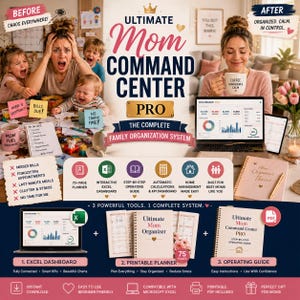 Könnte beinhalten: Das Ultimate Mom Command Center Pro ist ein Familienorganisationssystem mit einem Excel-Dashboard, einem druckbaren Planer mit 75 Seiten und einer Schritt-für-Schritt-Anleitung. Die Darstellung umfasst Vorher-Nachher-Szenen, Funktionssymbole und Text, der die Komponenten dieses digitalen und druckbaren Verwaltungstools beschreibt.
