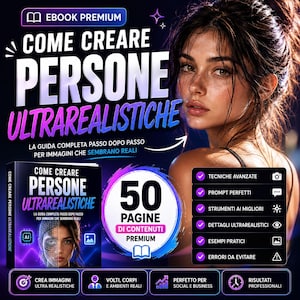 May include: An ebook cover with the title "COME CREARE PERSONE ULTRAREALISTICHE" in large, bold letters. The cover features a woman's face and a book with the same title. Additional text includes "50 pages of premium content."
