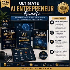 Può includere: L'Ultimate AI Entrepreneur Bundle 2026 Edition include quattro guide digitali: ChatGPT Mastery 2026, The Ultimate AI Entrepreneur System, AI Tools Stack 2026 e una Premium Prompt Library. Il set presenta testo dorato e bianco su sfondo nero.