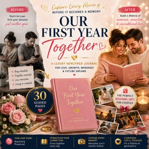 Può includere: Un diario con copertina rigida rosa intitolato Our First Year Together con scritte dorate e un'icona a forma di cuore. La copertina presenta un bordo decorativo. Il diario è mostrato accanto a un bouquet di rose rosa, una penna dorata e due anelli dorati.