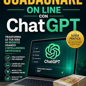 Può includere: Una guida digitale intitolata COME GUADAGNARE ON LINE CON ChatGPT che mostra un computer portatile con l'interfaccia di ChatGPT, una tazza nera con il logo ChatGPT e una pila di banconote da cinquanta euro con testo e icone esplicative.
