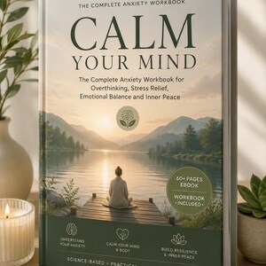 Può includere: Un libro con copertina rigida intitolato Calm Your Mind: The Complete Anxiety Workbook. La copertina mostra una persona seduta su un molo di legno vicino a un lago al tramonto, con testo su sollievo dallo stress, equilibrio ed equilibrio interiore.