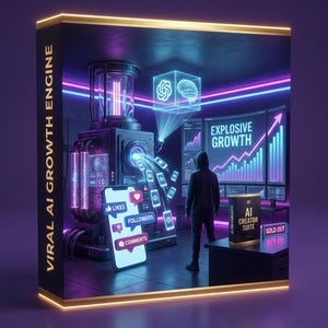 May include: A digital illustration of a dark room featuring a machine labeled VIRAL AI GROWTH ENGINE. A person in a hoodie stands before screens showing EXPLOSIVE GROWTH charts. A smartphone displays LIKES, FOLLOWERS, and COMMENTS icons.