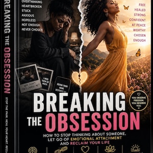 Può includere: Un libro intitolato Breaking the Obsession con un design di copertina diviso. Il lato sinistro mostra una persona con abiti scuri con testo che elenca emozioni negative. Il lato destro mostra una persona con un abito giallo in un paesaggio.