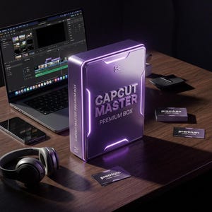 Puede incluir: Una caja metálica rectangular de color morado con la etiqueta CAPCUT MASTER PREMIUM BOX y detalles luminosos. La caja está sobre una superficie de madera oscura junto a un portátil, un smartphone, auriculares y tarjetas con la etiqueta PREMIUM.