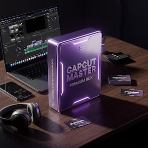 May include: A purple CapCut Master Premium Box with glowing neon accents sits on a wooden desk next to a laptop displaying video editing software. Several "premium" cards and a pair of headphones are also on the desk.