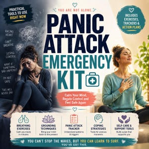 Puede incluir: Una guía Panic Attack Emergency Kit con texto e ilustraciones. El lado izquierdo muestra a una persona angustiada, mientras que el derecho muestra a una persona tranquila. Incluye ejercicios de respiración, técnicas de conexión y herramientas.