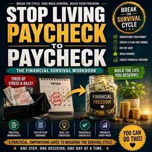 Könnte beinhalten: Ein Finanzarbeitsbuch mit dem Titel Stop Living Paycheck to Paycheck, das eine schwarze Geldbörse mit überfälligen Rechnungen, einen Kalender mit der Aufschrift Payday und ein Glas mit Bargeld und der Aufschrift Financial Freedom neben Goldmünzen zeigt.