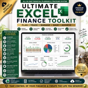 May include: An Ultimate Excel Finance Toolkit digital dashboard displayed on a laptop screen, featuring financial tracking charts, income and expense summaries, savings goals, and debt overview modules with green, red, and blue data visualisations.