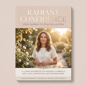 Può includere: Un libro intitolato "Radiant Confidence" con un ritratto di donna sulla copertina. Il titolo del libro è in lettere dorate, con il sottotitolo "Il tuo viaggio verso la vera autostima". La copertina include anche il testo "Un quaderno di lavoro di lusso per le donne per abbracciare l'amore per sé, la fiducia e l'empowerment."
