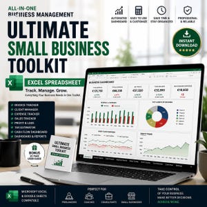 Può includere: Un kit di gestione aziendale tutto in uno visualizzato su uno schermo di un computer portatile che mostra un foglio di calcolo Excel con dashboard aziendale, entrate, spese e tendenze di profitto. Include una guida utente bonus di 25 pagine.