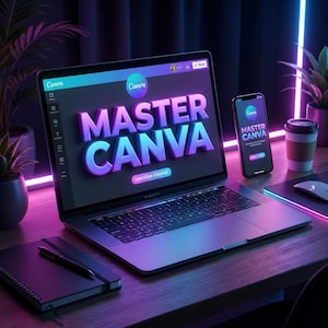 Può includere: Un computer portatile e uno smartphone che mostrano il testo MASTER CANVA sui loro schermi, posizionati su una scrivania con un taccuino, una penna e un bicchiere di caffè. La scena è illuminata da luci al neon viola e blu, creando un ambiente di lavoro digitale.