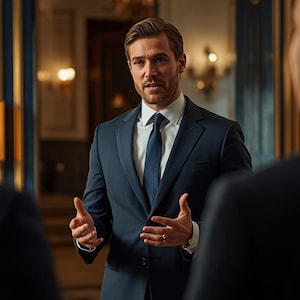 May include: A navy blue suit jacket worn over a crisp white collared dress shirt with a matching navy blue necktie. The jacket features notched lapels, a single-breasted front with buttons, and structured shoulders, creating a formal appearance.
