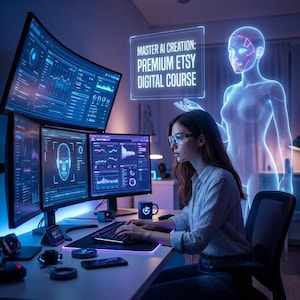 Può includere: Una donna con gli occhiali è seduta a una scrivania con più monitor di computer che mostrano visualizzazioni di dati. I monitor mostrano grafici e tabelle. Il testo su uno schermo recita "MASTER AI CREATION: PREMIUM ETSY DIGITAL COURSE". Una figura olografica luminosa è sullo sfondo.