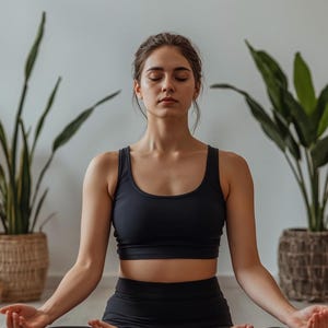 Può includere: Un reggiseno sportivo nero e leggings neri abbinati indossati in una posizione di meditazione seduta. L'outfit è composto da un top corto senza maniche con scollo rotondo e leggings a vita alta, entrambi realizzati in tessuto nero tinta unita.