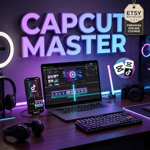 May include: A laptop displaying video editing software, a smartphone with a TikTok interface, and a wireless keyboard are on a desk. The words "CAPCUT MASTER" are in large, glowing letters. A camera, headphones, and a light ring are also visible.
