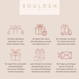 May include: A light beige informational graphic with the text SOULDEN at the top. It features six rose-gold line art icons representing people, a gift with a timer, a delivery truck, a gift with leaves, a hand holding a gift, and an envelope.