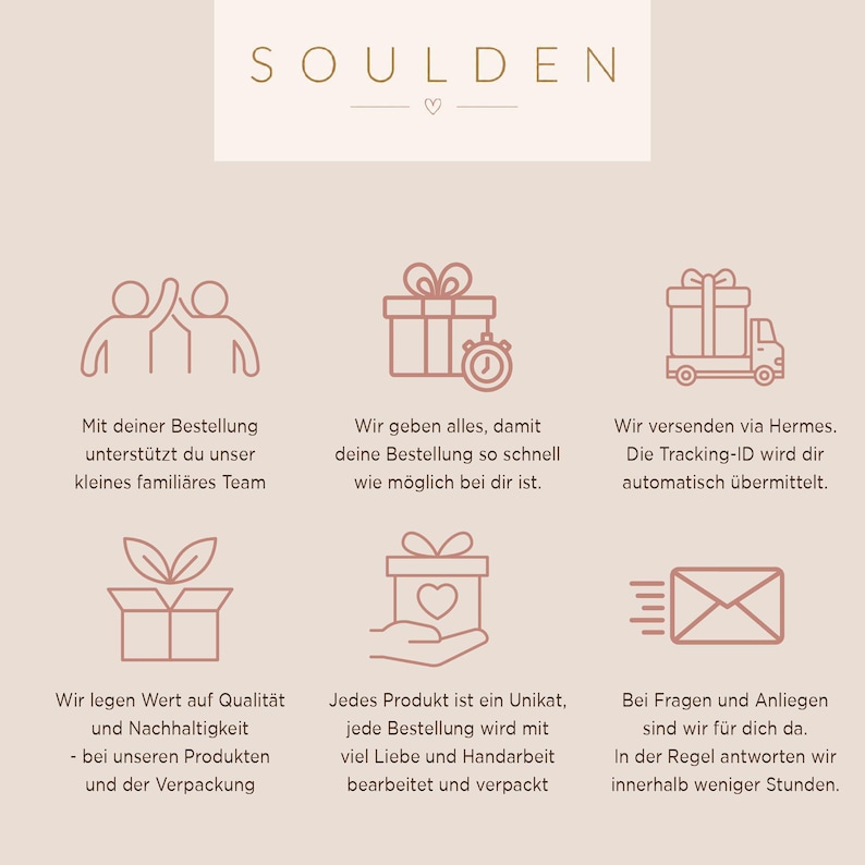 May include: A light beige informational graphic with the text SOULDEN at the top. It features six rose-gold line art icons representing people, a gift with a timer, a delivery truck, a gift with leaves, a hand holding a gift, and an envelope.
