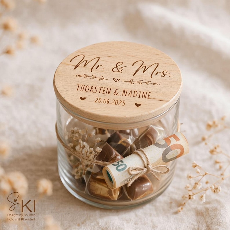 May include: A clear glass jar with a round wooden lid engraved with the text Mr. & Mrs. THORSTEN & NADINE 20.06.2025. The jar contains wrapped chocolates and dried flowers, with a rolled fifty-euro bill tied to the exterior with twine.