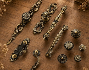 Muster erste antike Messing Kabinett Knäufe, Vintage Bronze Schubladengriffe, reich verzierte Knäufe, europäische Schranktürbeschläge