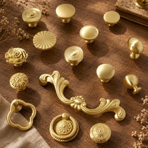 May include: A collection of various brass cabinet knobs and pulls. The knobs feature different designs, including a rose, a sunburst, and a simple round shape. The pulls have ornate, floral designs. The hardware is displayed on a wooden surface.
