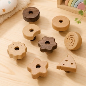 Wooden Kids Cabinet Knobs, Nursery Drawer Pulls, Cute Star Moon Bear Handles
