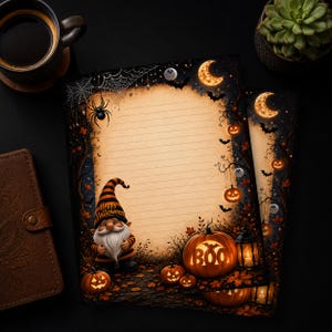 Könnte beinhalten: Ein liniertes Briefpapier mit Halloween-Motiv, das einen Zwerg mit gestreifter Mütze, einen geschnitzten Kürbis mit der Aufschrift BOO, eine Mondsichel, Fledermäuse, ein Spinnennetz und Herbstblätter auf einem dunklen Hintergrund zeigt.