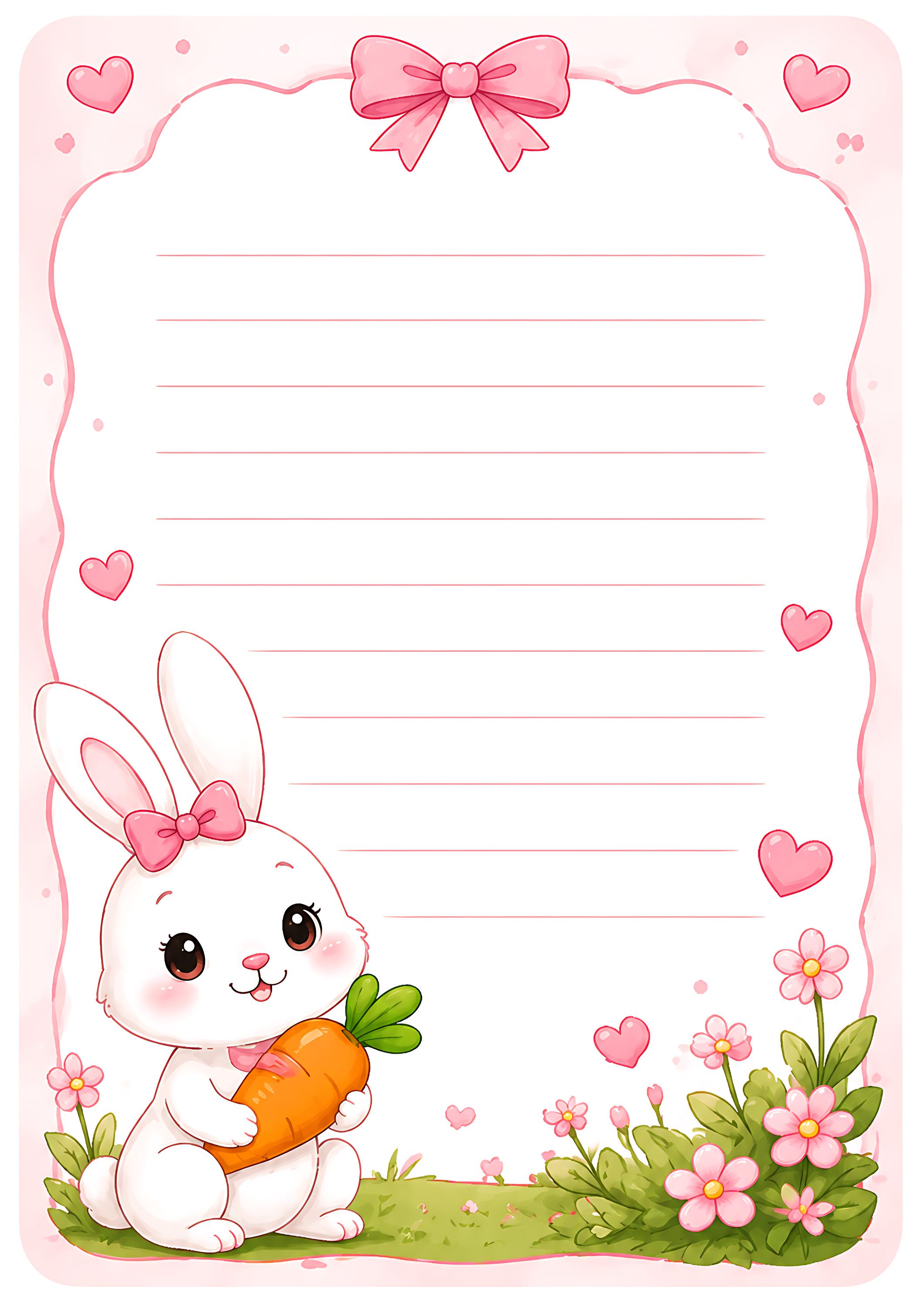 Printable Bunny Writing Paper, Cute Rabbit Stationery PDF, A4 Digital ...