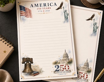 Amerika 250 år brevpapper, USA patriotiska brevpapper PDF, 250-årsjubileumsbrevpapper, 4 juli utskrivbart A4