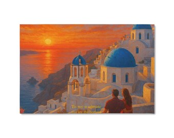 Santorini Greece Wall Decor • Oia Sunset Canvas • Blue Domes Aegean Sea Travel Art Print