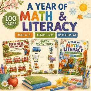 Könnte beinhalten: Eine Sammlung von Lernmaterialien mit dem Titel A YEAR OF MATH & LITERACY mit 100 Seiten für 4- bis 6-Jährige. Das Set enthält Arbeitsblätter für September und März, ein Deckblatt mit Waldtieren, einen roten Apfel, Buntstifte und Bücher.