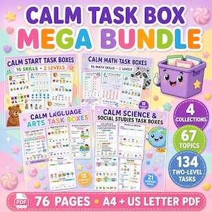 Könnte beinhalten: Ein digitales Lernpaket mit dem Titel Calm Task Box Mega Bundle, das vier Sammlungen druckbarer Aufgabenboxen für Mathe, Sprache, Naturwissenschaften und Sozialkunde enthält. Umfasst 67 Themen, 134 Aufgaben auf zwei Ebenen und 76 PDF-Seiten.