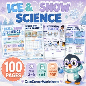 May include: A digital educational resource titled Ice & Snow Science featuring 100 pages of printable worksheets for ages 3-6. The set includes guides for experiments like melting ice and ice painting, illustrated with a penguin wearing glasses.
