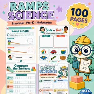 Könnte beinhalten: Ein 100-seitiges Ramps Science Arbeitsheft für Vorschule und Kindergarten. Das Cover zeigt eine Eule mit Bauhelm und Brille, die ein Klemmbrett hält. Es enthält Arbeitsblätter zu Rampenlängen, Gleit- oder Rollaktivitäten und Oberflächenvergleichen.