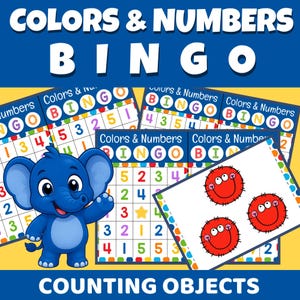 Könnte beinhalten: Ein Colors & Numbers Bingo-Spielset mit mehreren Rasterkarten mit bunten Zahlen und einer blauen Elefantenfigur. Eine Karte zeigt drei rote, kreisförmige Smileys. Der Text lautet Colors & Numbers BINGO und COUNTING OBJECTS.