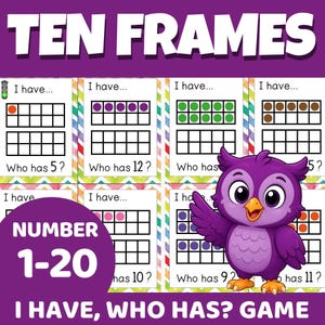 Könnte beinhalten: Ein Ten Frames I Have, Who Has? Lernspiel für die Zahlen 1-20. Die Karten zeigen Raster mit farbigen Punkten, Textbausteine wie I have und Who has sowie eine lila Eulenillustration. Das Design hat einen lila Hintergrund mit weißem Text.