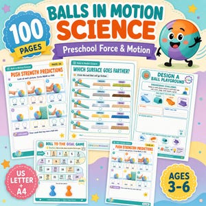 Könnte beinhalten: Ein 100-seitiges Wissenschafts-Arbeitsheft mit dem Titel Balls in Motion Science für Kinder von 3 bis 6 Jahren. Das Cover zeigt bunte Arbeitsblätter mit Illustrationen von Bällen, Rampen und Spielen, darunter Push Strength Predictions.