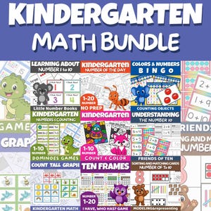 Könnte beinhalten: Ein Kindergarten Math Bundle Lernpaket mit verschiedenen Arbeitsblättern und Spielen. Die Sammlung enthält Aktivitäten zum Zählen, Zahlen von 1-20, Zehnerfelder, Bingo und Dominos, illustriert mit bunten Zeichentricktieren wie einem Dinosaurier, Koala, Ameise, Elefant, Fuchs, Eule und Bär.