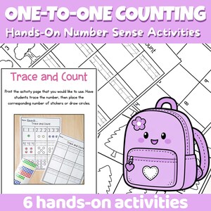 Könnte beinhalten: Pädagogische Arbeitsblätter mit dem Titel One-To-One Counting Hands-On Number Sense Activities, die einen lila Cartoon-Rucksack mit Herz und Blume sowie ein Trace and Count-Arbeitsblatt mit Zahlen zum Nachspuren und Aufklebern zeigen.