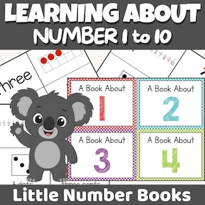Könnte beinhalten: Lernmaterial zum Ausdrucken mit einem Cartoon-Koala und vier rechteckigen Karten mit der Aufschrift A Book About 1, 2, 3 und 4. Die Zahlen sind rot, blau, lila und grün. Der Hintergrund zeigt Zahlenstrahlen und Punktzählraster.