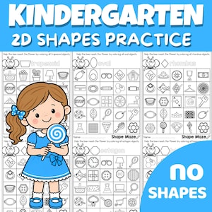 Könnte beinhalten: Ein druckbares pädagogisches Arbeitsblatt-Set mit dem Titel Kindergarten 2D Shapes Practice, das schwarz-weiße Raster mit verschiedenen Objektsymbolen zeigt. Eine Zeichentrickfigur mit braunen Haaren und blauem Kleid hält einen blau-weißen Lutscher.