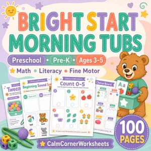 Könnte beinhalten: Ein digitales Lernmaterial mit dem Titel Bright Start Morning Tubs für Kinder im Alter von 3 bis 5 Jahren. Es enthält 100 Seiten mit Übungen zu Mathe, Lesen und Feinmotorik, illustriert mit einem Bären, Zählaufgaben und Sortierspielen.
