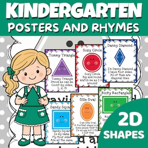 Könnte beinhalten: Bildungsposter und Reime mit 2D-Formen, darunter Tommy Triangle, Suzy Circle, Danny Diamond, Ricky Rectangle, Ollie Oval und Sandy Square. Eine Zeichentrickfigur hält ein grünes Dreieck vor diese farbenfrohen Formenkarten.