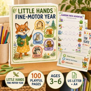 Könnte beinhalten: Ein Buch mit dem Titel Little Hands Fine-Motor Year mit einer Fuchsillustration auf dem Cover, neben einem Garden Path Adventure Arbeitsblatt. Das Set enthält 100 spielerische Seiten für 3- bis 6-Jährige, US Letter und A4 Formate, mit Buntstiften.
