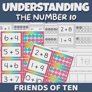 Könnte beinhalten: Lehrreiche Arbeitsblätter mit den Titeln "Understanding the Number 10" und "Friends of Ten". Die Arbeitsblätter zeigen Additionsaufgaben wie 6+4 und 2+8, mit Zehnerrahmen-Visualisierungen mit farbigen Kreisen. Der Text ist in weißer, fetter Schrift.