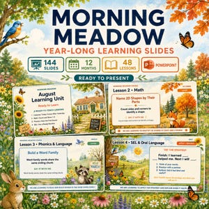 Könnte beinhalten: Eine digitale Bildungsressource mit dem Titel Morning Meadow Year-Long Learning Slides, die 144 Folien, 12 Monate, 48 Lektionen und PowerPoint-Kompatibilität umfasst. Die Anzeige enthält vier Beispiel-Folien mit Naturmotiven.