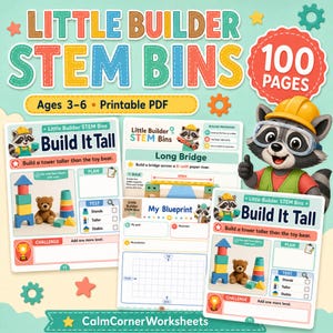Könnte beinhalten: Ein druckbares PDF-Bildungsressourcen-Set mit dem Titel Little Builder STEM Bins, das 100 Seiten mit Aktivitäten für Kinder im Alter von 3-6 Jahren enthält. Die Arbeitsblätter zeigen Herausforderungen wie Build It Tall und Long Bridge.